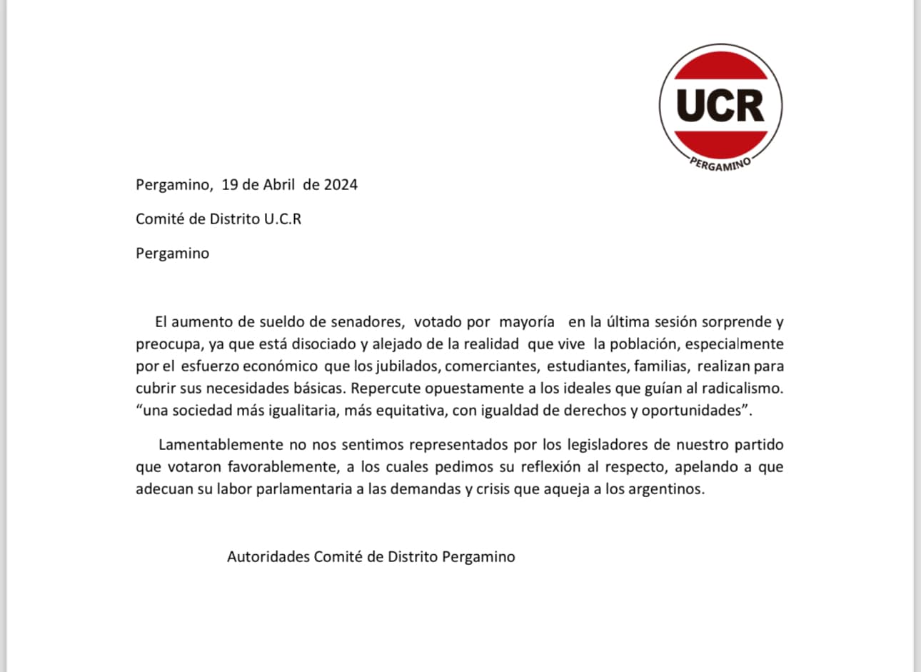 El comité de distrito de la Unión Cívica Radical de Pergamino emitió un comunicado