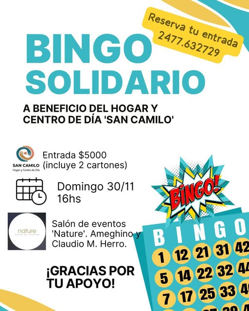 Se realizará un Bingo Solidario  a beneficio del Hogar  y Centro de Día San Camilo