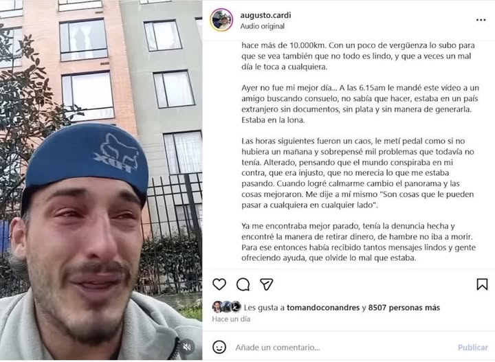 Pergaminense que viaja por toda Latinoamérica contó entre lágrimas el robo de su mochila en Bogotá: 'Tenía miedo